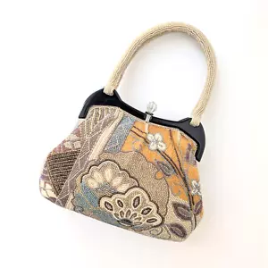 Japanese Vintage Beaded Evening Bag Beige Calico pattern 9x6 inch - Picture 1 of 19