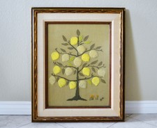Large Vintage Lemon Tree embroidered hand made wall hanging wood Framed art 30"T
