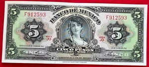 1961 Mexico 5 Pesos GYPSY UNC Mexican banknote Gitana SERIE JO PREFIX F 912593 - Picture 1 of 2