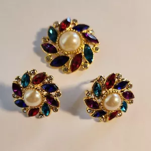 Vintage Multicolor Jeweled Clip Earrings & BROOCH Rhinestones W/Faux Pearl - Picture 1 of 8