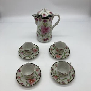 VTG Antique Japan porcelain hand painted chocolate pot w/4 cups and saucers - Picture 1 of 9