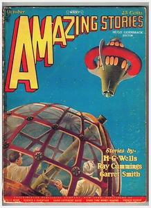 Amazing Stories Pulp magazine Oct 1927, H G Wells, Ray Cummings, Garret Smith - Picture 1 of 3