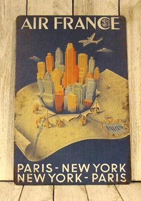Fly Air France Paris to New York Tin Metal Travel Poster Sign Vintage Style Ad - Image 1 of 4