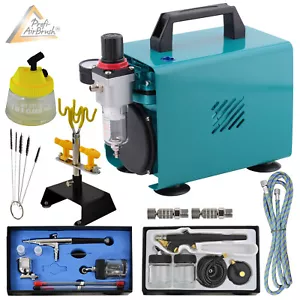 AIRBRUSH KOMPRESSOR KOMPLETT SET AIRBRUSHPISTOLE HALTERUNG CLEANING POT BÜRSTEN - Bild 1 von 8