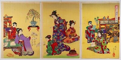 Beauty Triptych, Meiji Antique, Ukiyo-e, Art, Original Japanese Woodblock Print • 155.68$