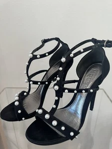 Alexander McQueen Women's Unique Satine Pearls Sandal StripeSize40 Black - Picture 1 of 8