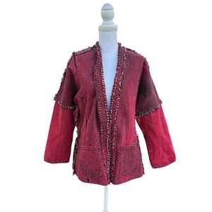 Vintage Roglins Jacket Red Acid Wash Denim Fringe Trim Boho Festival - Picture 1 of 15