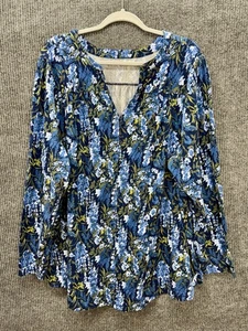 Lands End Langarm Tunika Oberteil Damen 3X blau Blumen Jersey Kerbausschnitt fließend - Bild 1 von 10