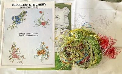 Brazilian Embroidery Kit Lot of 8 Items Booklet Fibers Stamped Fabric Backings - Image 1 of 4