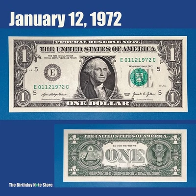 January 12, 1972 Birthday Anniversary $1 One Dollar Bill Serial Number 01121972 - Image 1 of 2