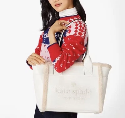Kate Spade Jett Faux Shearling Tote Meringue Beige Shoulder Bag Mar130 KE517 - Image 1 of 4