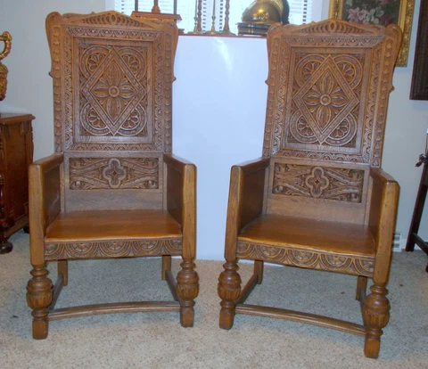 Amazing PAIR THRONE CHAIRS BAROQUE Renaissance style ORNATE CARVING Oak Cover