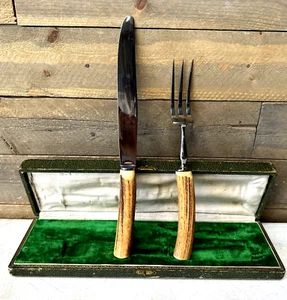 Antikes französisches Geweih Hirschhorn Griff Fleischservice Set unoxydierbar Edelstahl  - Bild 1 von 19