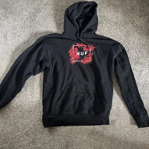 Sudadera con capucha HUF para hombre suéter negro talla mediana logotipo manga larga bolsillo - Imagen 1 de 3