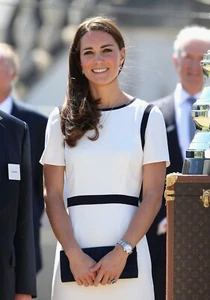 Ex Con Jaeger White, Blue Contrast Crepe Dress, ASO UK 16 US 12 Kate Middleton - Picture 1 of 11