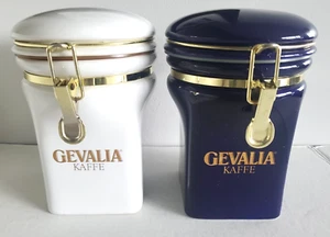 Pair of Gevalia Kaffe Coffee Canister Locking Seal White & Cobalt Blue Gold Trim - Picture 1 of 20