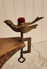 Antique Victorian Brass Sewing Bird Table Clamp With Red Velvet Pin Cushion