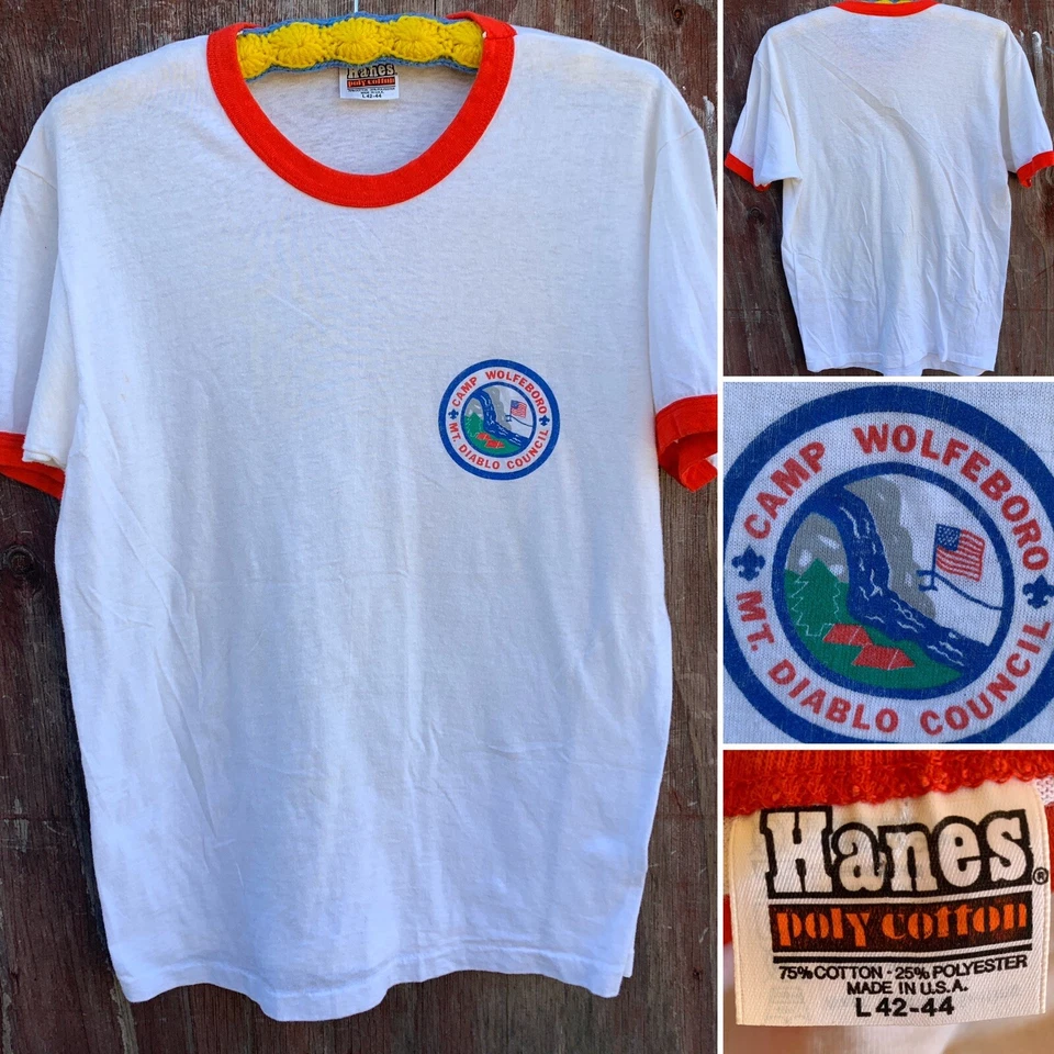 Vintage Camp Wolfeboro Mt Diablo Council Ringer Tee Boy Scouts BSA T Shirt 80s L - Image 1 of 4