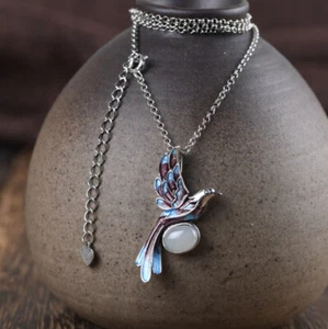 I05 Cloisonne Pendant with Necklace Silver 925 Flying Bird Carrying White Jade - Imagen 1 de 8