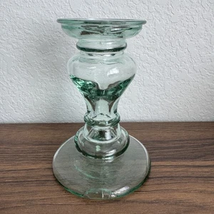 VTG Recycled Glass Candlestick Holder Vase Green Ribbed Made In Spain Pretty! - Picture 1 of 8
