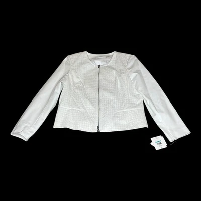 NWT Calvin Klein White Eyelet Textured Bomber Jacket Blazer Size 16 Zip Front - Image 1 of 4