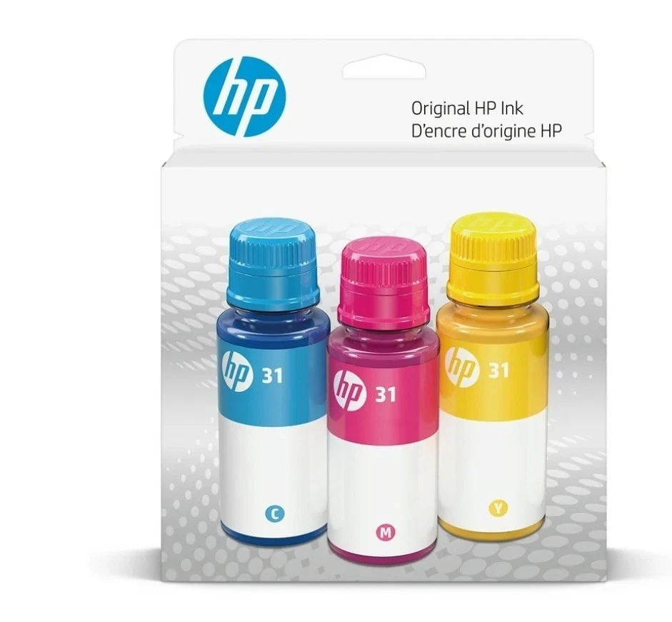 Genuine HP 31 3-Pack Cyan, Magenta, Yellow Ink Bottles 9C228AN EXP2026 - Image 1 of 1