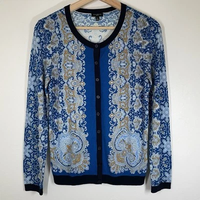 Talbots Sweater Womens Small Petite Blue Gold Paisley Cardigan Preppy - Image 1 of 4