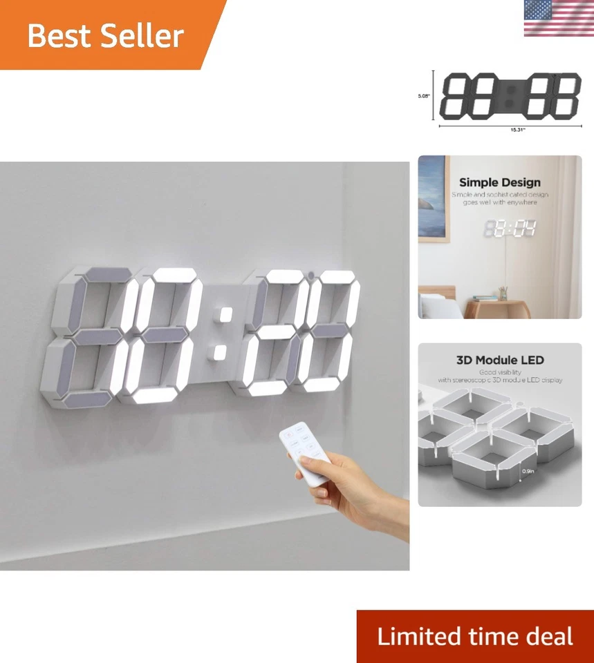 3D LED Clock, Multi-Function LED Clock Calendar, Alarm, Temperature 15.3" Big... - Image 1 of 4