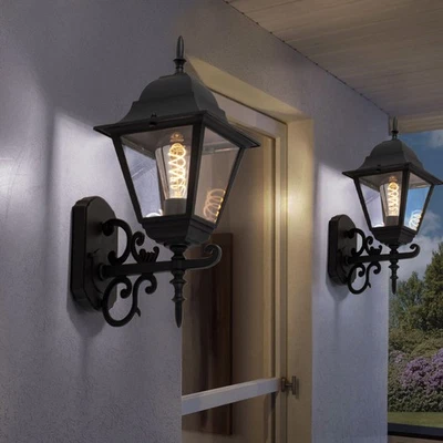 Wandlampe Außenleuchte Wandlaterne E27 Balkonlampe Glas klar Alu schwarz Hof 2x - Bild 1 von 4