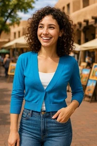 Ronni Nicole Medium Blue Cropped Cardigan Sweater V Neck Lightweight Knit Top - Picture 1 of 12