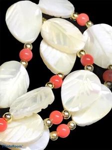 Vintage Carved MOP Leaves And Coral Beads Necklace 20”And Bracelet 7.5” - Picture 1 of 5
