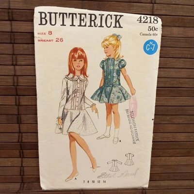 Vintage 1960s Girls Dress Circle Skirt Size 8 Butterick 4218 Sewing Pattern - Image 1 of 4