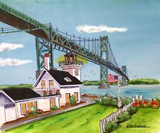 Impression d'art phare de Bristol Ferry pont Mount Hope Narragansett Bay RI