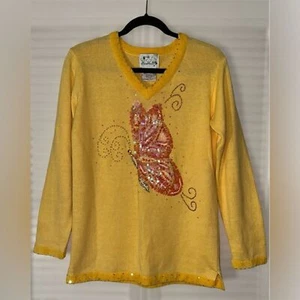 The Quacker Factory Pullover Pailletten Schmetterling Perlen gelb V-Ausschnitt Gr. XS - Bild 1 von 9