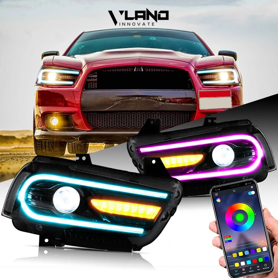 RGB Vland Headlights For Dodge Charger 2011-2014 W/Wiping Turn Indicator LH&RH - Image 1 of 4