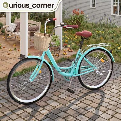 24" Women City Beach Bicycle Bike 7 Speed w/ Basket & Adjustable Leather Seat - Image 1 of 4