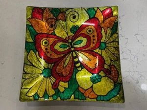 Piatto vintage in lamina dipinto arte popolare farfalla 10,75" x 10,75" - Foto 1 di 10