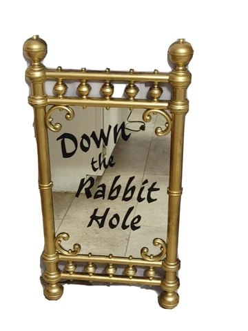 VINTAGE SYROCO WALL MIRROR 1977 RETRO FAUX BRASS Down The Rabbit Hole LARGE 34" Cover