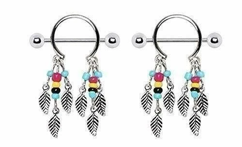 Body Accentz 316L Surgical Steel Multi-Colored Beads Feather Dangle Nipple Shiel - Image 1 of 1