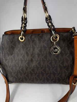 Michael Kors Cynthia Large Brown MK Logo Tote Acorn Leather Gold Chain Bag - Image 1 of 4