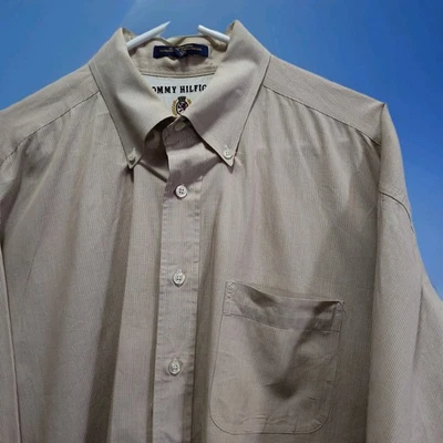 复古 Tommy Hilfiger 男式棉质纽扣棕褐色条纹衬衫 17 1/2 34-35  — 第 1/4 张图片