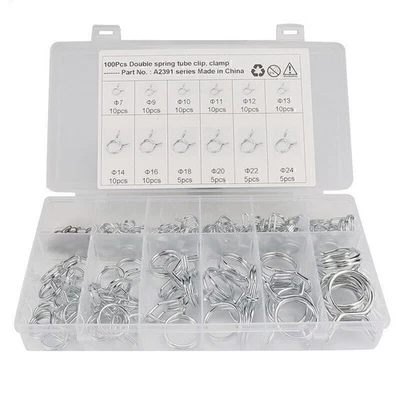 100pcs Metal Double Wire Fuel Line Hose Tube Clamp Spring Clips Assortment Kits - Image 1 of 4