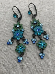 Michal Negrin Earrings Green Enamel Blue Crystals Long Chandelier Statement Gift - Picture 1 of 7