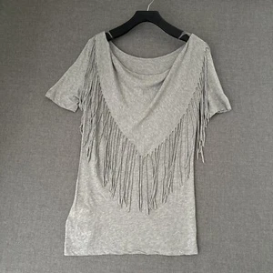Designer Women Small Knit Shawl Top Grey Fringe Boho Pullover Shirt 0613 - Picture 1 of 10