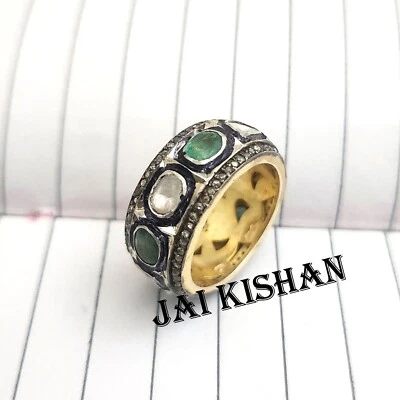 100% Vero Gemma Smeraldo Polki Pavé di Diamanti 925 Argento Anello Eternity - Immagine 1 di 4