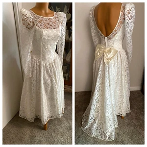 VINTAGE 70s 80's ALFRED ANGELO WHITE LACE - LOW BACK WEDDING DRESS SZ 3/4 - Bild 1 von 17