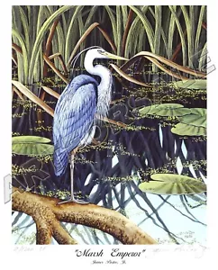 GREAT BLUE HERON "MARSH EMPEROR" 8x10 L/E S/N LITHOGRAPH by James Partee Jr.  - Picture 1 of 7
