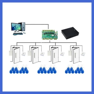 Sistema de control de acceso RFID de 4 puertas con gabinete/lector RFID/botón de salida/llaveros - Imagen 1 de 24