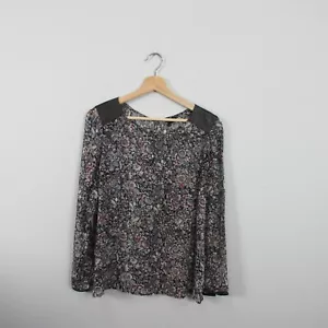 Club Monaco Silk Floral Blouse Women S Black Leather Shoulder Patches Luxury 70 - Picture 1 of 10
