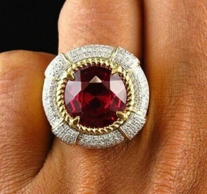 4Ct Round Lab Created Red Ruby Pinky Halo Engagement Ring 14k Yellow Gold Plated - Picture 1 of 6